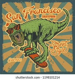 Original vector illustration of a dinosaur on a skateboard. Print for t-shirts or stylish stickers.