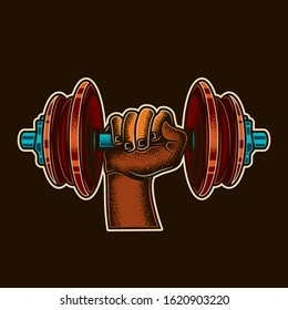 Original vector illustration. Dumbbell team in hand in vintage style.