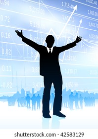 Original Vector Illustration: excited businessman with skyline and graph on internet background AI8 compatible