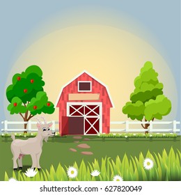 Original vector illustration of farm pet goat , cattle, milk and goat meat on farm with fruit trees and chamomile, Farm animals collection