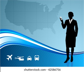 Original Vector Illustration: Female Business traveler on US map background AI8 compatible