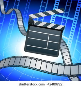 Original Vector Illustration: Film strip and clapper board on blue background File is AI8 compatible