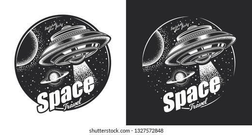 Original vector illustration of a flying saucer in space against the background of planets