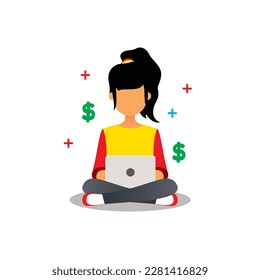 Original vector illustration. A girl with a laptop at remote work. Business, work. Design element.