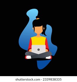 Original vector illustration. A girl with a laptop at remote work. Business, work. Design element.
