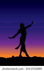 Original vector illustration. A girl on the background of a sunset, with her hair down and wearing glasses. Hand drawn, not AI