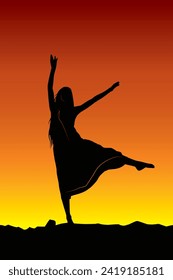 Original vector illustration. A girl on the background of a sunset, with her hair down. Hand drawn, not AI