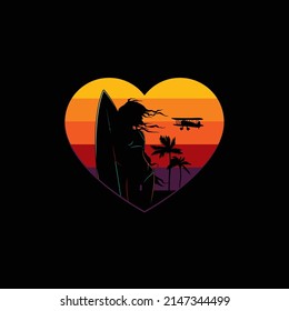 Original vector illustration. A girl and surfing, palm trees and a plane on the background of a retro sunset in the shape of a heart in the style of the 80s. T-shirt design, design element.