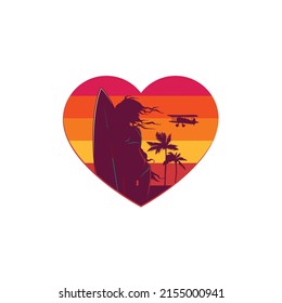 Original vector illustration. A girl and surfing, palm trees and a plane on the background of a retro sunset in the shape of a heart in the style of the 80s. T-shirt design, design element.