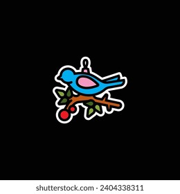 Ilustración vectorial original. El ícono de un pájaro de juguete de árbol de Navidad en una rama. Dibujado a mano, no IA