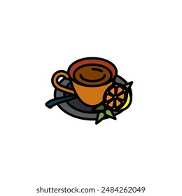Original vector illustration. The icon of hot tea in a cup with lemon and mint. Hand drawn, not AI