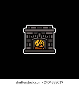 Original vector illustration. The icon is a stone fireplace with firewood and a bonfire. Hand drawn, not AI