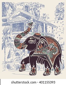 original vector illustration of India Goa Baga landscape with decorative ethnic folk art elephant, travel vacation postcard or poster concept design