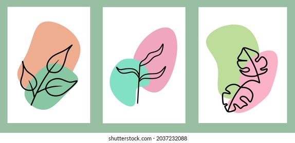 Original vector illustration of leaves, plants for prints, patterns. Line design of blotted plants. Pink and green spots.