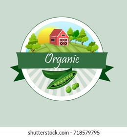 original vector illustration logo for whole ripe vegetables round peas with green stem leaf. Peas drawing consisting of tag label, Fully adjustable & scalable. packages design. Farmland