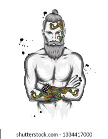 Original vector illustration, man with fashionable hairstyle and tattoo. Hipster. Print on a t-shirt or sticker. Bearded man.
