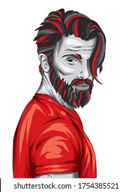 Original vector illustration, man with fashionable hairstyle. Hipster. Print on a t-shirt or sticker. Bearded man.
