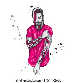 Original vector illustration, man with fashionable hairstyle and tattoo. Hipster. Print on a t-shirt or sticker. Bearded man.
