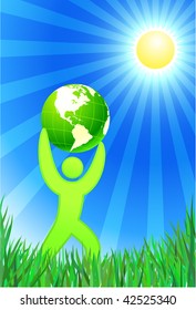 Original Vector Illustration: Man with Green Globe on summer background AI8 compatible