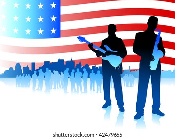 Original Vector Illustration: Music band on Patriotic American Flag background File is AI8 compatible