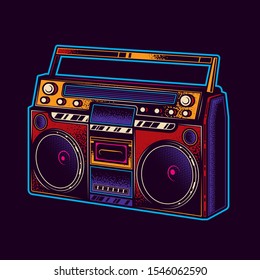 Original vector illustration of neon. Boombox. Retro portable stereo radio cassette player.