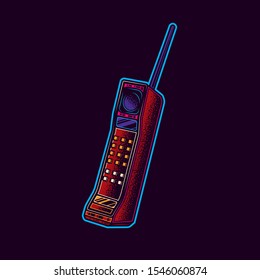 Original vector illustration of neon. Old wireless, mobile phone in retro style.