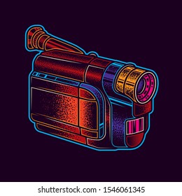 Original Vector Illustration Of Neon. Old VHS Camcorder In Vintage Style.