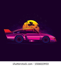 Original vector illustration in neon retro 80's style. Sports pink car on the background of the starry sky with sunset and palm trees