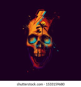 Original vector illustration in neon retro style. Abstract skull with open jaw, with sunset and palm trees. Original design, print for t-shirt.