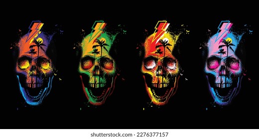 Original vector illustration in neon retro style. Abstract skull with open jaw, with sunset and palm trees. Original design, print for t-shirt.