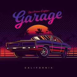 Original Vector Illustration In Neon Style. American Muscle Car On The Background Of Sunset And Palm Trees. T-shirt Design
