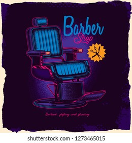 Original vector illustration in neon style. Barber chair, and other items.