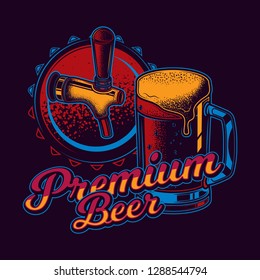 Original vector illustration in neon style. Beer mug on the background of the lid and beer tap