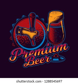 Original vector illustration in neon style. Beer glass on the background of the lid and beer tap