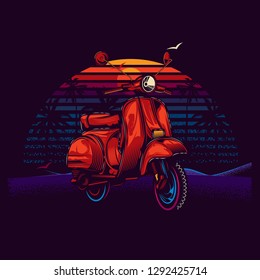 Original vector illustration in neon style scooter on the beach, on sunset background.