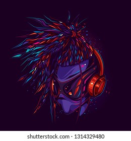 Original vector illustration in neon style. Stylish alien with glasses and headphones.