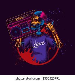 Original vector illustration in neon style. Fashionable skeleton man with a Boombox in his hands, on the background of fire