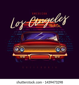 Original vector illustration in neon style. Retro convertible against sunset and palm trees