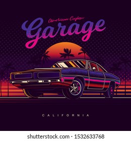 Ilustração vetorial original em estilo neon. Muscle car americano no fundo do pôr do sol e palmeiras. Design de camiseta