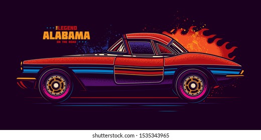 Original vector illustration in neon style. Retro car on the background of a bright flame of fire.
