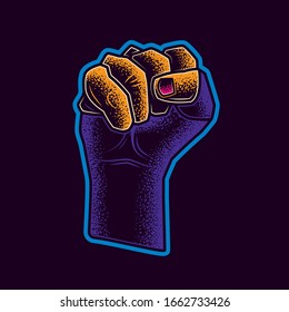 Original vector illustration in neon style. Hand clenched into a protesting fist in vintage style.