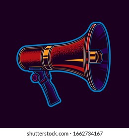 Originelle Vektorillustration im Neonstil. Megaphon. Handgehaltenes Lautsprecherhorn im Vintage-Stil.