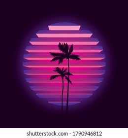 Original vector illustration in neon style. Palm trees on the background of a neon sunset in the retro style of the 80's. T-shirt design.