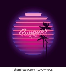 Ilustración vectorial original en estilo neón. Palmeras al fondo de una puesta de sol neón de estilo retro de los años 80. Diseño de camisetas.