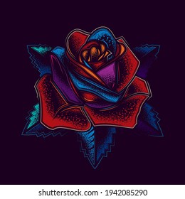 Original vector illustration in neon style. Rose flower in tattoo style.
