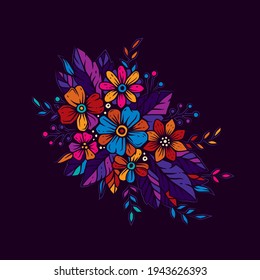 Original vector illustration in neon style. A bright bouquet of flowers.