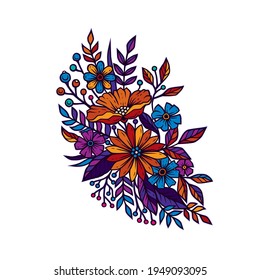 Original vector illustration in neon style. A bright bouquet of flowers.