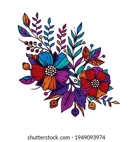 Original vector illustration in neon style. A bright bouquet of flowers.