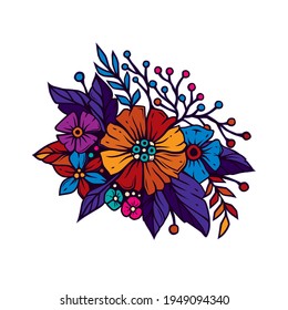 Original vector illustration in neon style. A bright bouquet of flowers.