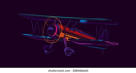 Original Vektorgrafik im Neonstil. Ein altes Propellerflugzeug.